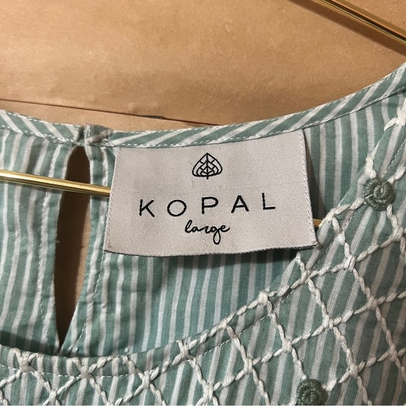 Kopal | The Zeenat Dress Smocked Rosette Bib Popover Sea Green Stripe Size L - Picture 4 of 15